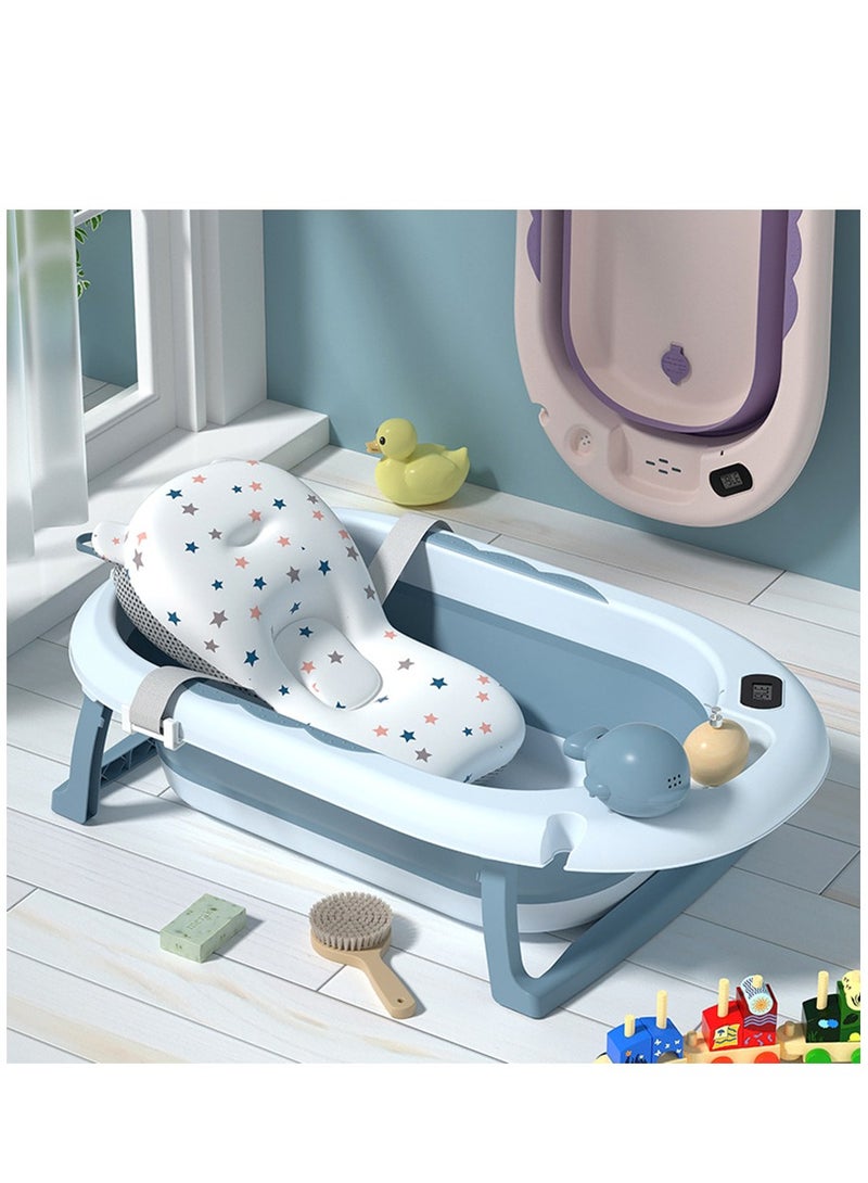 Foldable Baby Bath Tub, Newborn Baby Tub with Soft Bath Mat and Bath Net，Portable Bathtub with Temperature Sensor，for Newborns Baby and Toddlers (Blue-Bath Mat+Real-time Sensor) - Image 1