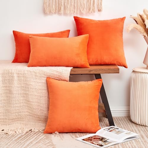 GriNeed Fall Orange Throw Pillow Covers Decorative Velvet Set of 2 18x18 Inch Pillow Covers, Soft Burnt Orange Pillowcases for Couch Sofa Bed Living Room, Farmhouse Boho Decor, Accent Cushion Covers - Image 2