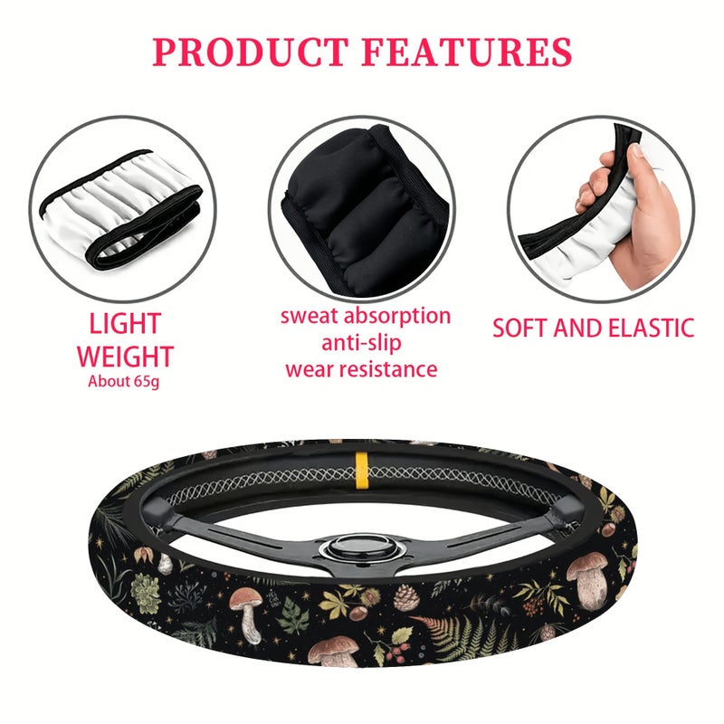 Forest Magic Mushroom Fern Steering Wheel Cover Dark 15inch Non Slip Breathable Universal Car Decor - Image 3