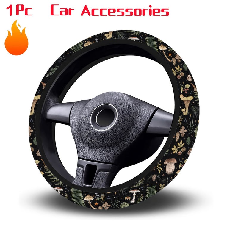 Forest Magic Mushroom Fern Steering Wheel Cover Dark 15inch Non Slip Breathable Universal Car Decor - Image 1