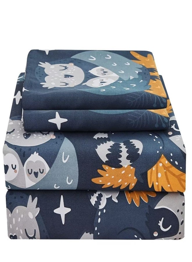 JSD Navy Blue Owl Kids Sheet Set Twin Size, 3 Piece Forest Animals Printed Microfiber Bed Sheets Deep Pocket - Image 1