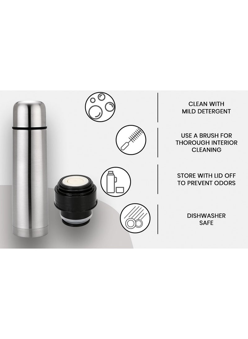 Water Flask, Double Walled Vacuum Insulated Flask 1 Litre, Leakproof 24 Hours Hot and Cold Water Bottle, Durable Stainless-Steel Interior and Exterior, Silver - Image 3