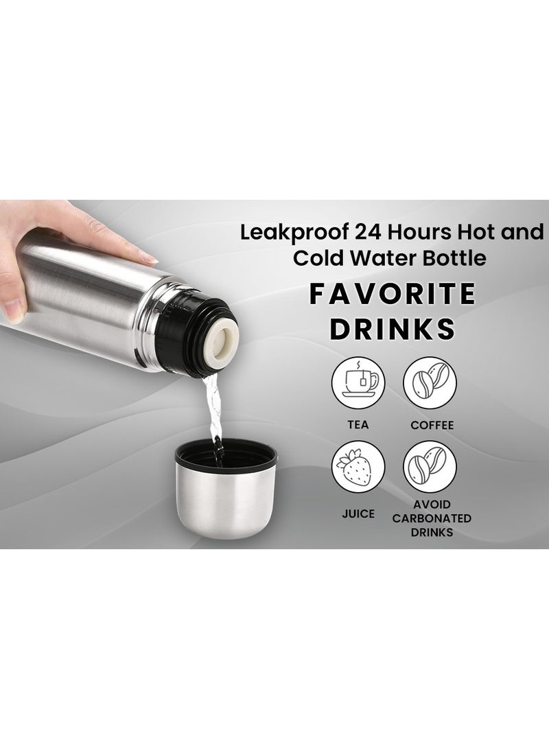 Water Flask, Double Walled Vacuum Insulated Flask 1 Litre, Leakproof 24 Hours Hot and Cold Water Bottle, Durable Stainless-Steel Interior and Exterior, Silver - Image 5