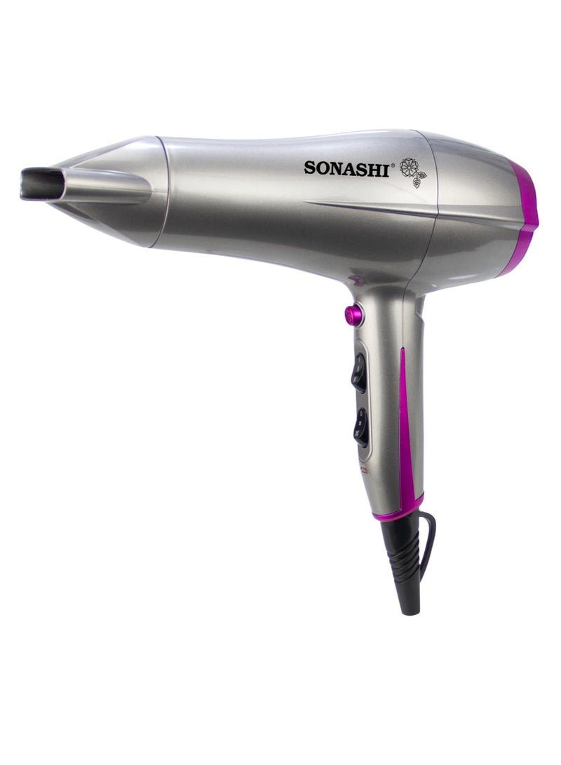 SONASHI Powerful Hair Dryer With 2 Speed And 3 Heat Settings, Cool Shot Function Hot and Cold, Wind, DC Motor, Hang-up Hook, Overheat Protection, Concentrator Nozzle For Powerful Drying Performance SHD-5010 Silver/Pink - Image 1