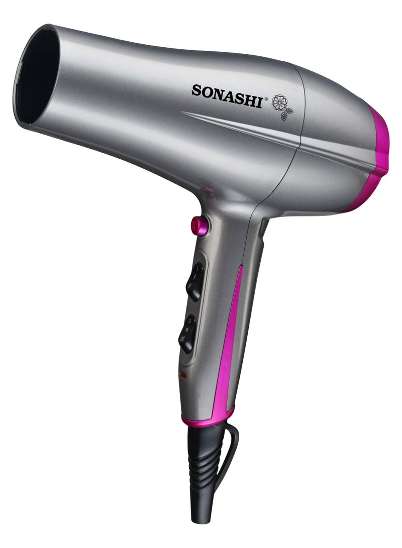 SONASHI Powerful Hair Dryer With 2 Speed And 3 Heat Settings, Cool Shot Function Hot and Cold, Wind, DC Motor, Hang-up Hook, Overheat Protection, Concentrator Nozzle For Powerful Drying Performance SHD-5010 Silver/Pink - Image 3