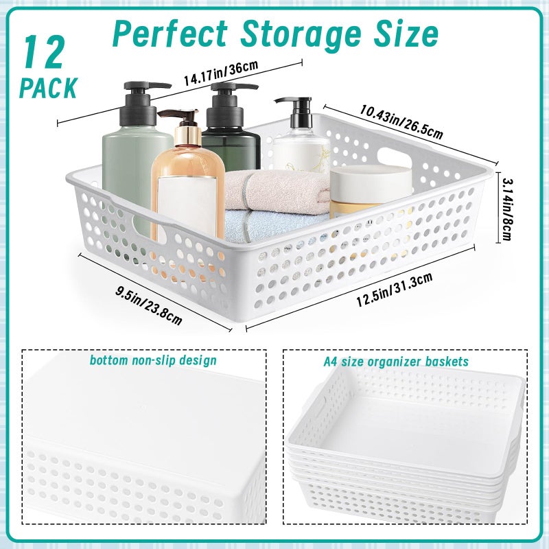 UZLU 12 Pcs Plastic Storage Baskets Bulk 14 x 10 In Stackable Storage Bin with Handles A4 Size Desktop File Letter Organizer Tray Multi-purpose Container for Shelve Desktop Classroom Office Home Playroom - Image 2