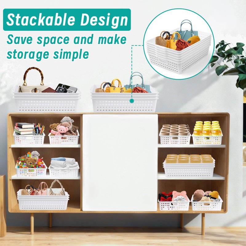 UZLU 12 Pcs Plastic Storage Baskets Bulk 14 x 10 In Stackable Storage Bin with Handles A4 Size Desktop File Letter Organizer Tray Multi-purpose Container for Shelve Desktop Classroom Office Home Playroom - Image 5
