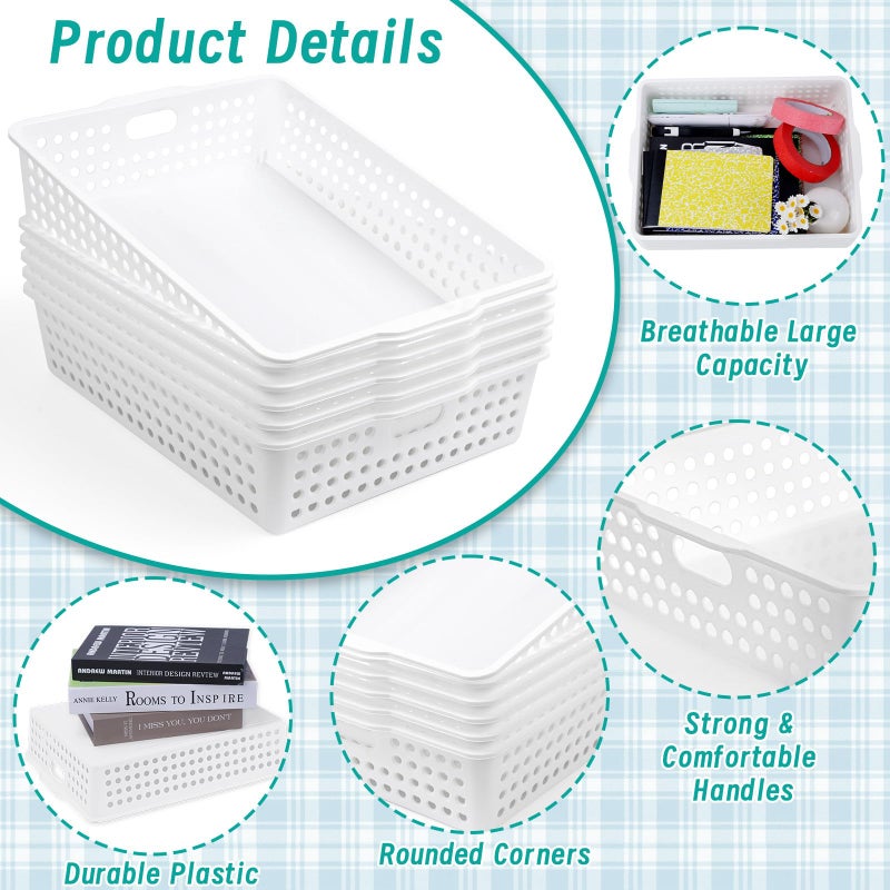 UZLU 12 Pcs Plastic Storage Baskets Bulk 14 x 10 In Stackable Storage Bin with Handles A4 Size Desktop File Letter Organizer Tray Multi-purpose Container for Shelve Desktop Classroom Office Home Playroom - Image 3