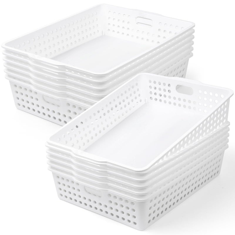UZLU 12 Pcs Plastic Storage Baskets Bulk 14 x 10 In Stackable Storage Bin with Handles A4 Size Desktop File Letter Organizer Tray Multi-purpose Container for Shelve Desktop Classroom Office Home Playroom - Image 1