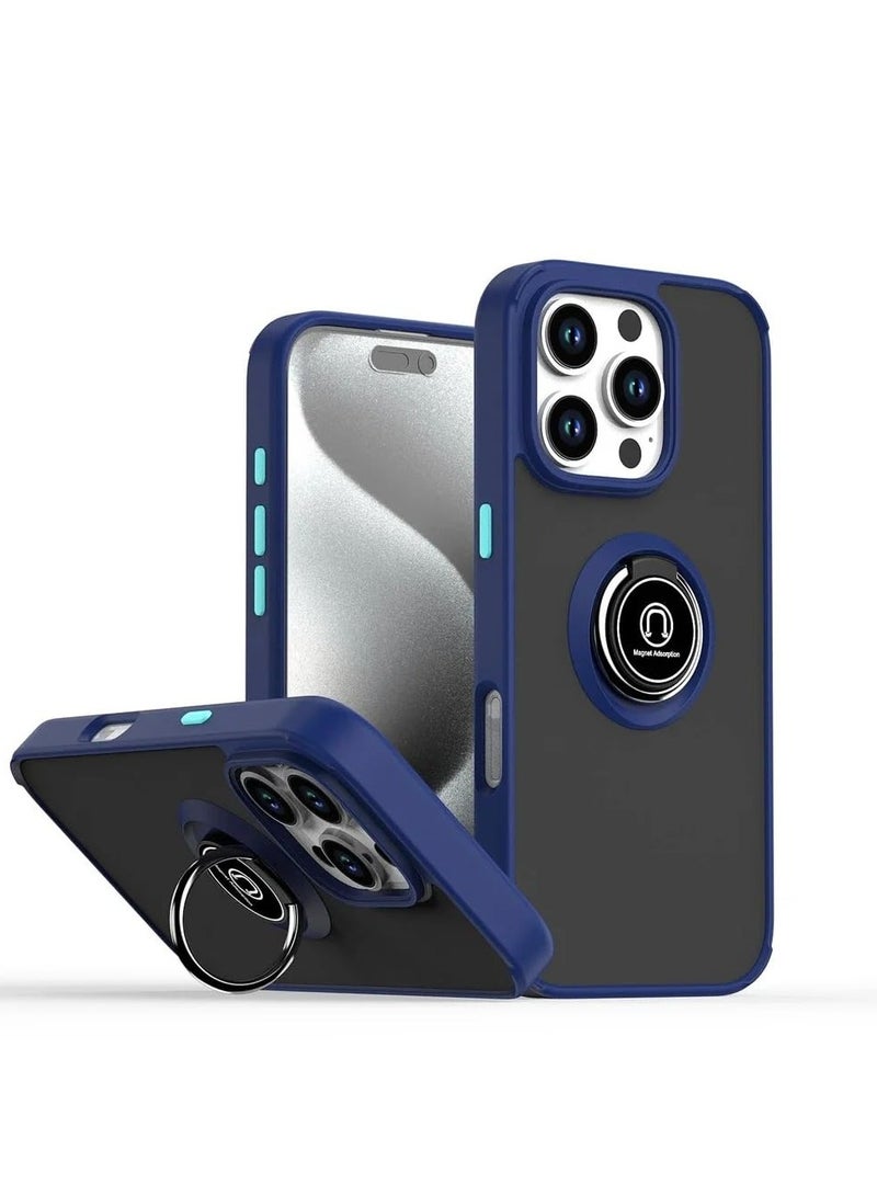 Case Cover Metal Ring Holder Grip Kickstand Car Magnetic Mount Shockproof Matte Hard Back Bumper Case for Iphone 16 Pro Blue