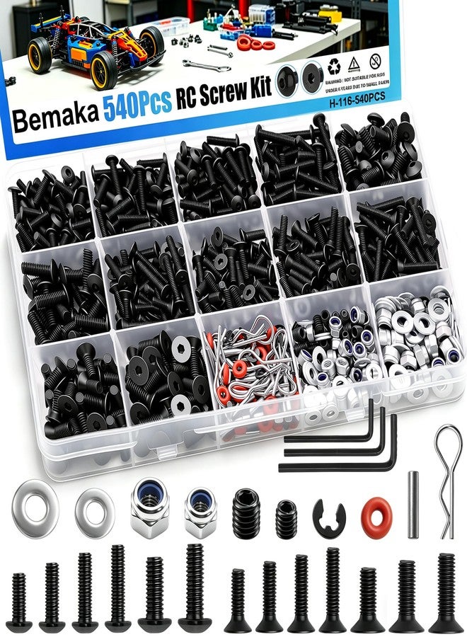 Bemaka 540Pcs RC Screw Kit, Universal Hardware Fasteners with Screws, Nuts, Washers, Clips, O-Rings & Pins, Fit for 1/8 1/10 1/12 1/16 Scale RC Crawler Truck Buggy Car Repair Replacement Parts - Image 1