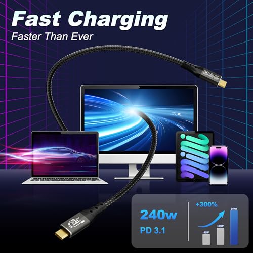 ZIKNYDO USB C to USB C Monitor Cable 6.6FT/ 2m, USB C 3.2 20Gbps Data Transfer, Supports 8K@30Hz, 4K@60Hz/144Hz Video Type C, 240W 48V/5A, USBC Display Cable for Thunderbolt 4 6FT, MacBook Pro, Switch - Image 4