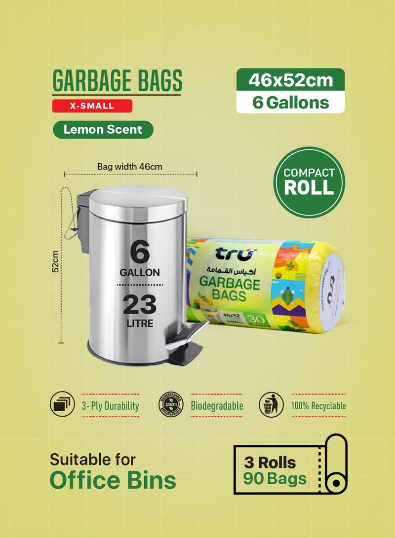Tru Pack of 3 - Lemon Scented Garbage Bags , 6 Gallon,  Compact Roll, 46x52cm, X-Small (Small bins) - 30 Bags x 3 yellow - Image 4