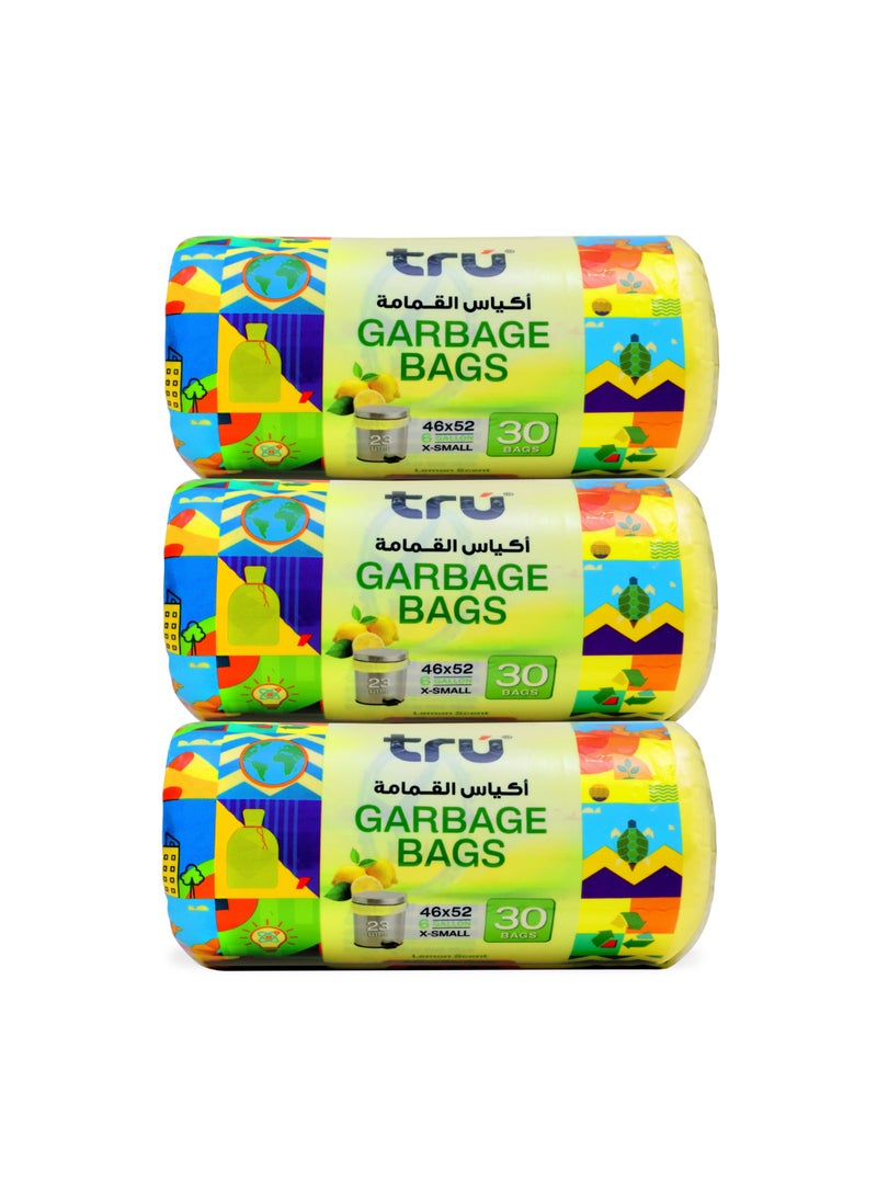 Tru Pack of 3 - Lemon Scented Garbage Bags , 6 Gallon,  Compact Roll, 46x52cm, X-Small (Small bins) - 30 Bags x 3 yellow - Image 1