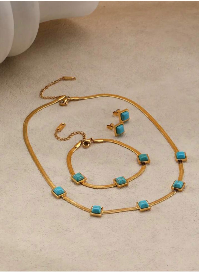 NEW STYLE - Luxury Necklace & Bracelet & Earrings Jewelry Set For Women Inlaid With Natural Turquoise Stone - Image 1