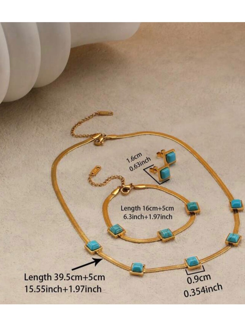 NEW STYLE - Luxury Necklace & Bracelet & Earrings Jewelry Set For Women Inlaid With Natural Turquoise Stone - Image 1