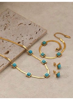 Luxury Necklace & Bracelet & Earrings Jewelry Set For Women Inlaid With Natural Turquoise Stone