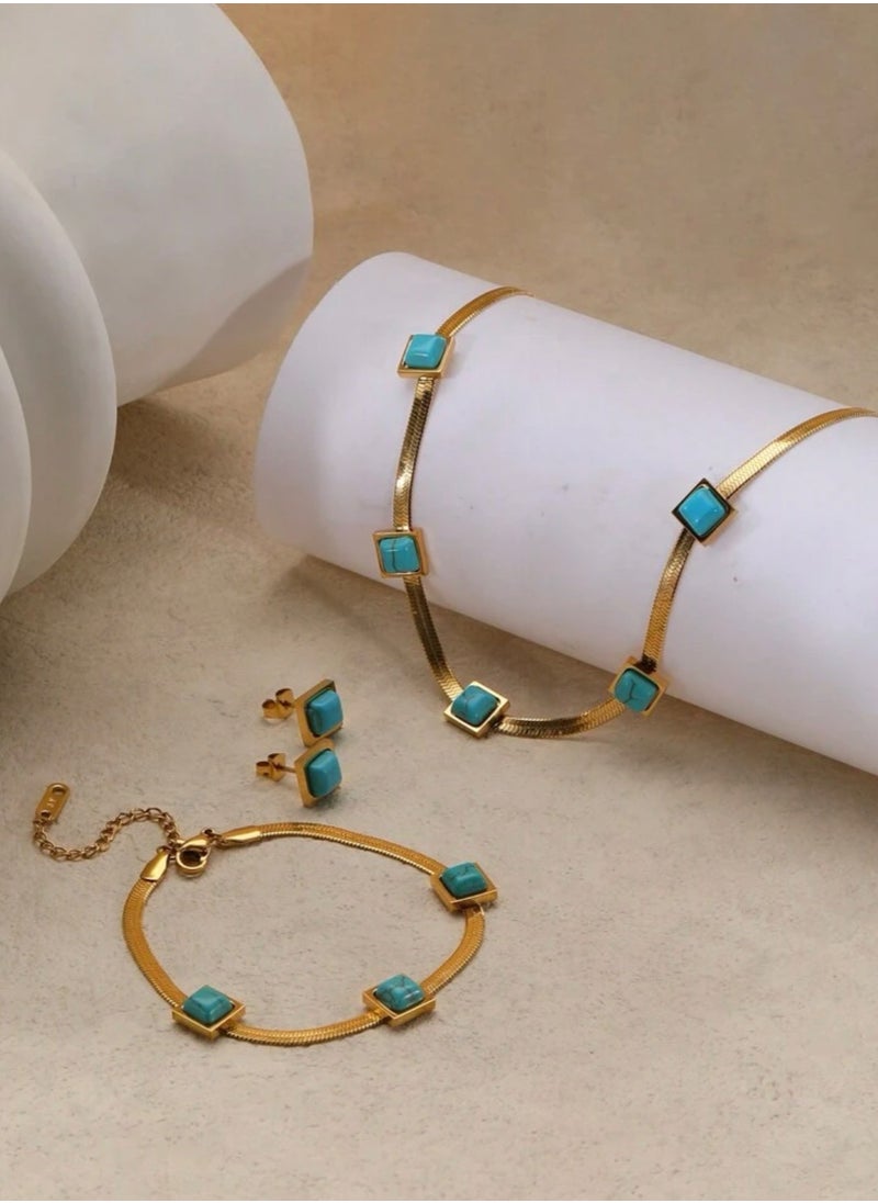 NEW STYLE - Luxury Necklace & Bracelet & Earrings Jewelry Set For Women Inlaid With Natural Turquoise Stone - Image 1