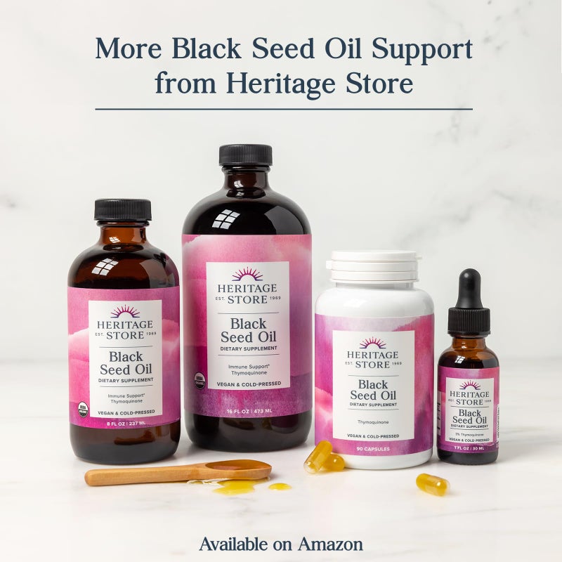 HERITAGE STORE Black Seed Oil w/ 3% Thymoquinone, Omega 6 9 - Nigella Sativa Liquid Oil, Cold Pressed from Black Seeds, Joints, Digestion and Immune Support, Vegan, 60-Day Guarantee, 30 Serv, 1 fl oz - Image 5