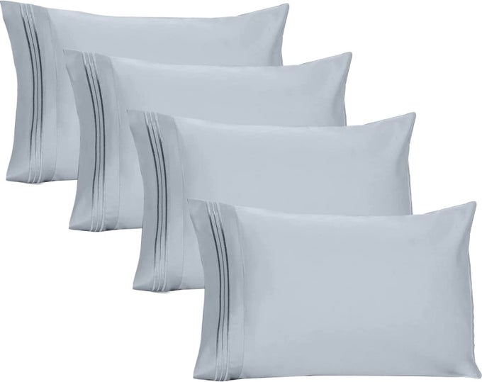 PILLOW CASES QUEEN SIZE SET OF 4 ULTRA SOFT 1800TC HOTEL QUALITY DOUBLE BRUSHED MICROFIBER EMBROIDERED PILLOWCASES ENVELOPE CLOSURE FADE RESISTANT 20X30 BLUE