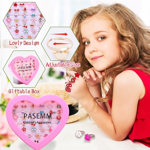 PASEMM 36pcs Little Girl Jewel Rings, Adjustable, No Duplication Kids Play Ring in Box,Pretend and Dress Up Rings for 4-12 Year Old Girls Birthday Gifts Holiday Gifts, 4 5 6 7 8 9 10 11 12 Year Old Girl Toys for Kids - Image 3