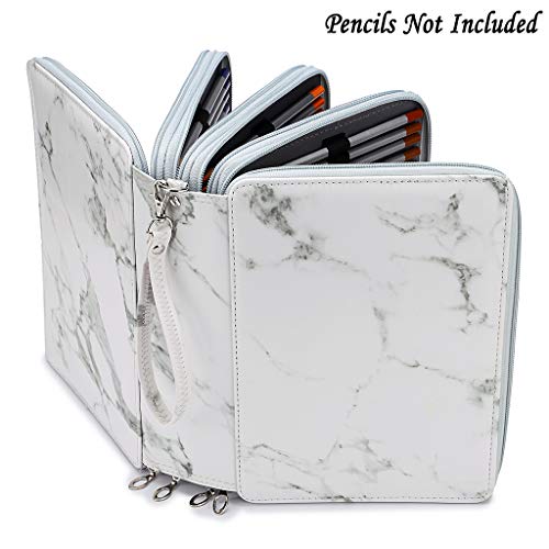 BTSKY 200 Slots Colored Pencil Organizer - Deluxe PU Leather Pencil Case Holder With Removal Handle Strap Pencil Box Large for Colored Pencils Watercolor Pencils White Marble - Image 3