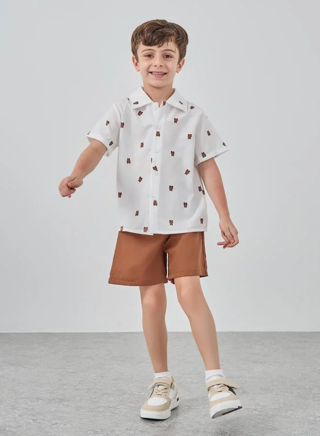 تايك تو Take Two Teddy Bear Print Shirt and Shorts Set