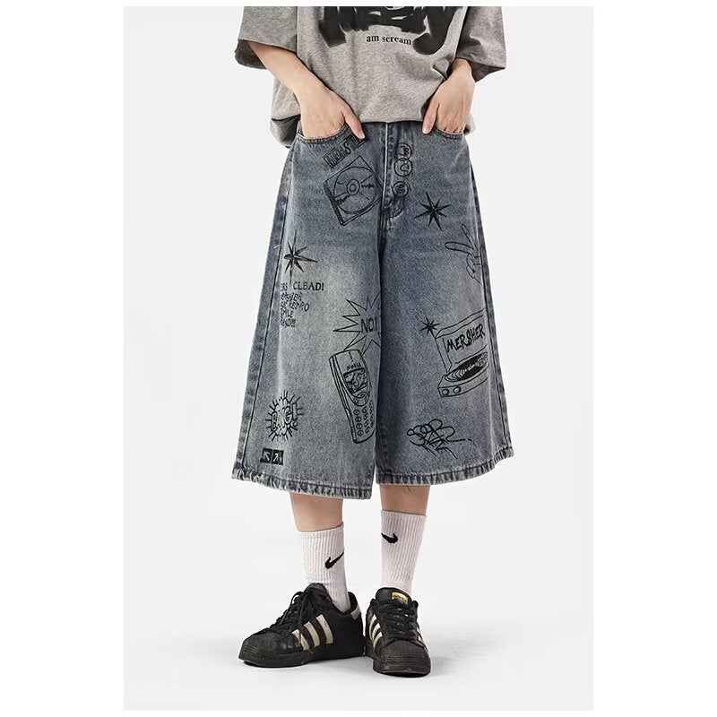 Summer American Retro Graffiti Cropped Jeans Boys Street Fashion High Waist Wide Leg Pants Couple - Image 3