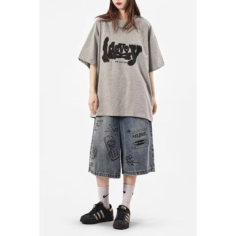 Summer American Retro Graffiti Cropped Jeans Boys Street Fashion High Waist Wide Leg Pants Couple - Image 4