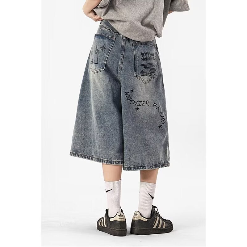 Summer American Retro Graffiti Cropped Jeans Boys Street Fashion High Waist Wide Leg Pants Couple - Image 5