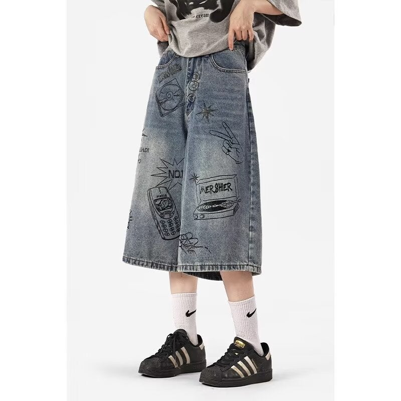 Summer American Retro Graffiti Cropped Jeans Boys Street Fashion High Waist Wide Leg Pants Couple - Image 1