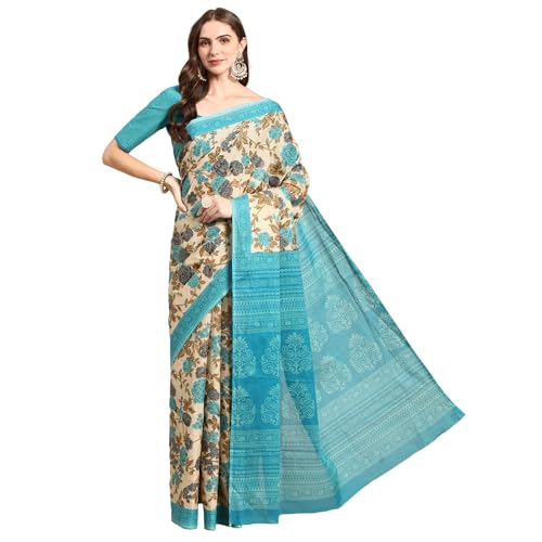 RATAN Pure Cotton Printed Mulmul Saree for Women with Blouse Piece (GDBT-BP-1047-BLUE_Blue) - Image 1