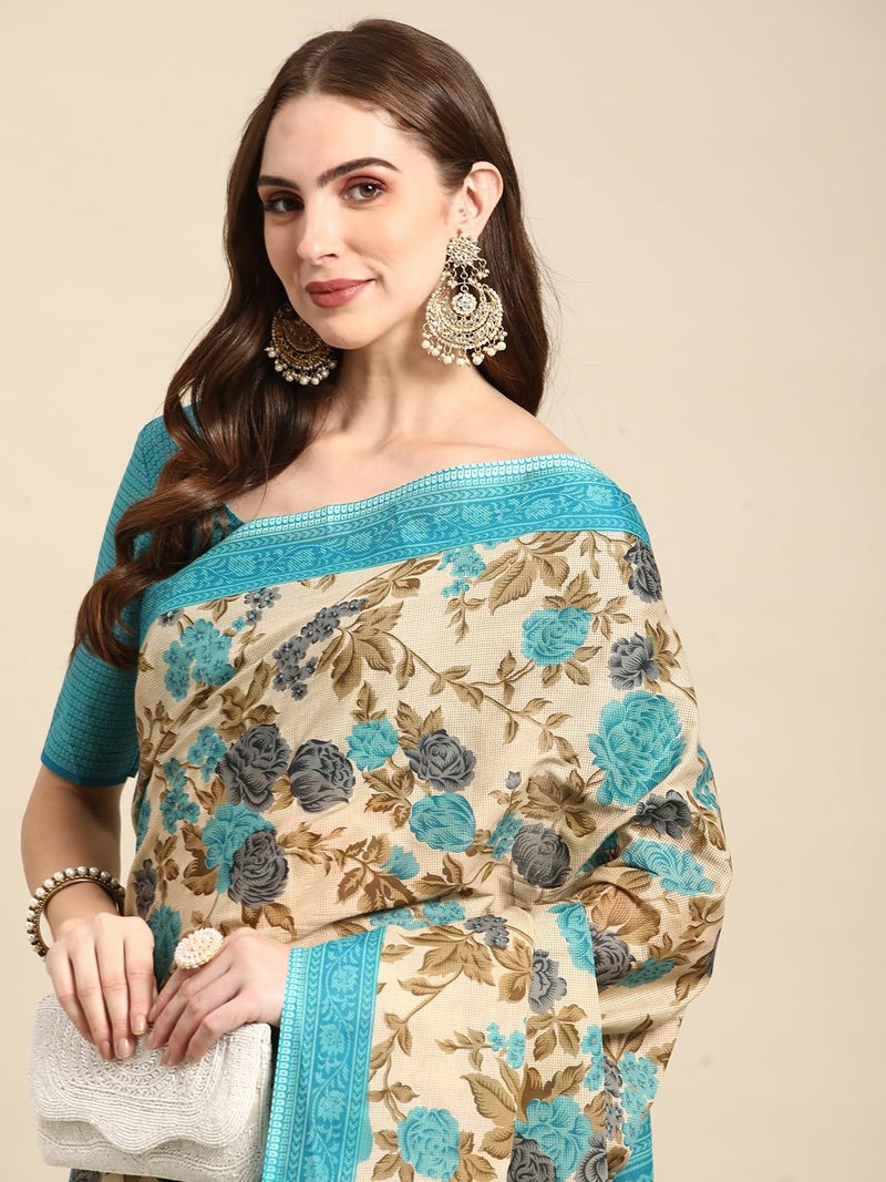 RATAN Pure Cotton Printed Mulmul Saree for Women with Blouse Piece (GDBT-BP-1047-BLUE_Blue) - Image 3