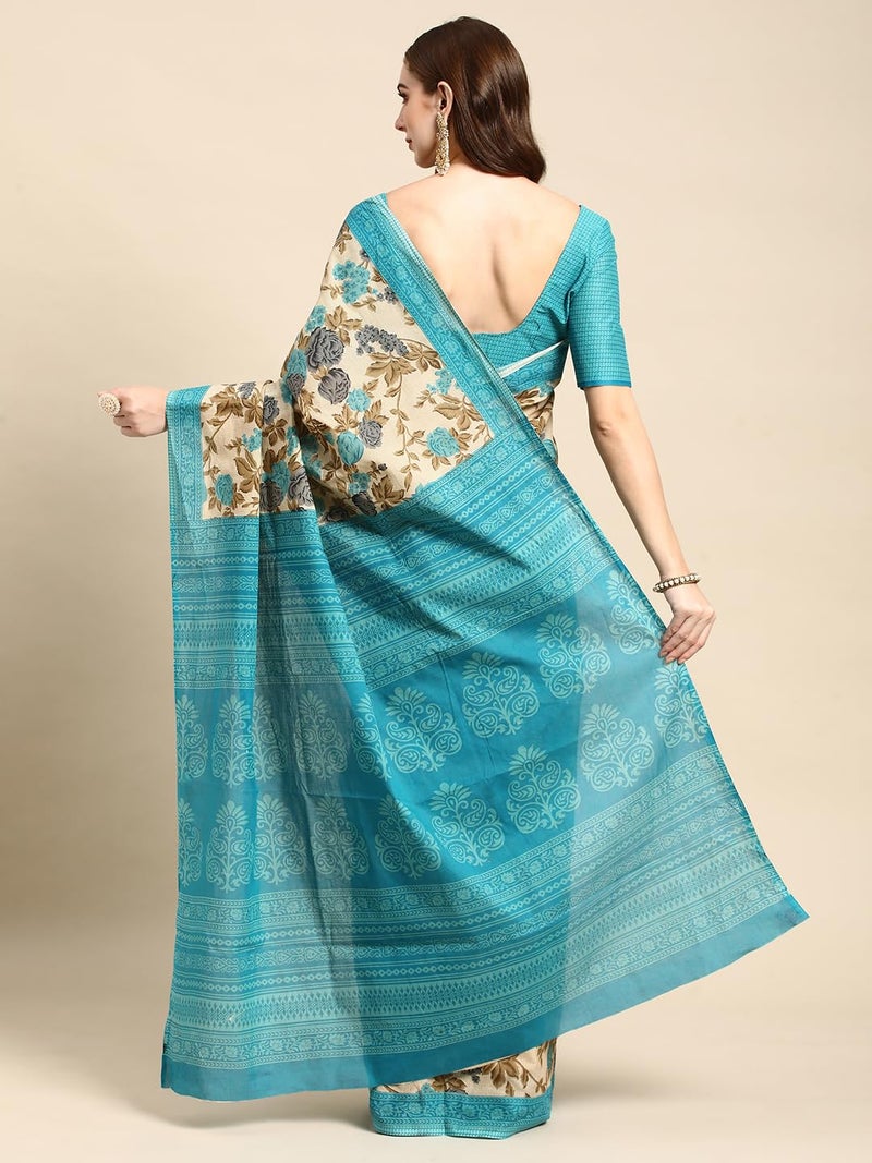 RATAN Pure Cotton Printed Mulmul Saree for Women with Blouse Piece (GDBT-BP-1047-BLUE_Blue) - Image 2
