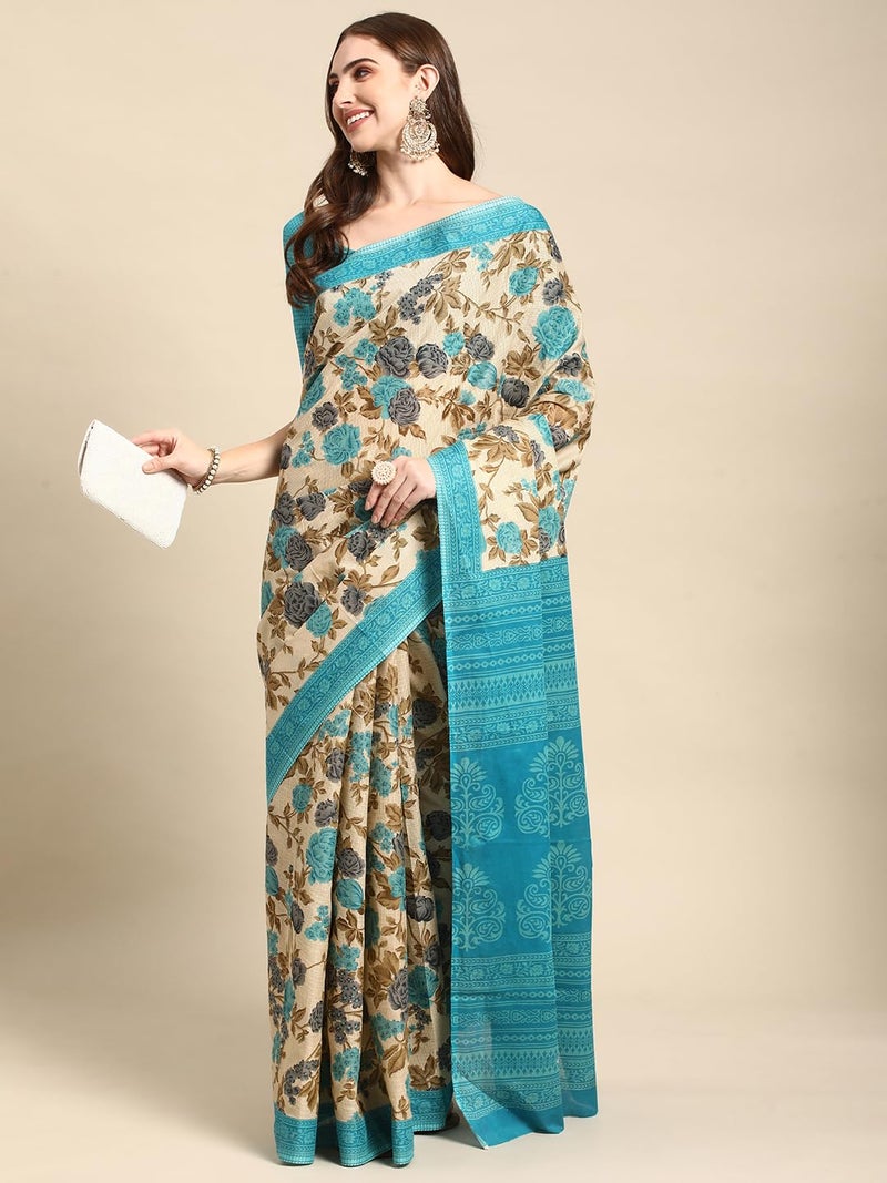 RATAN Pure Cotton Printed Mulmul Saree for Women with Blouse Piece (GDBT-BP-1047-BLUE_Blue) - Image 4