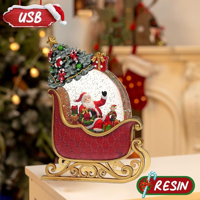 EDDORUNNING Christmas Snow Globe with Santa's Sleigh Elk - Lighted Musical Snow Globe Christmas Decorations with Timer, Swirling Glitter, Battery/USB Powered, Holiday Decor​(Santa Claus Sleigh) - Image 4