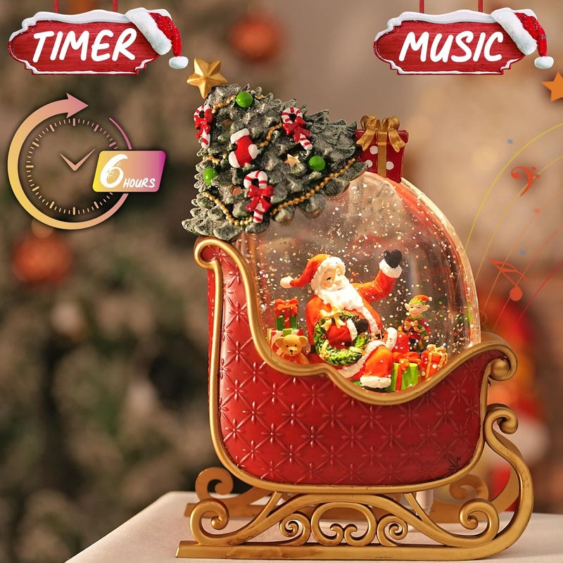 EDDORUNNING Christmas Snow Globe with Santa's Sleigh Elk - Lighted Musical Snow Globe Christmas Decorations with Timer, Swirling Glitter, Battery/USB Powered, Holiday Decor​(Santa Claus Sleigh) - Image 5