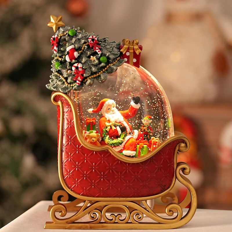 EDDORUNNING Christmas Snow Globe with Santa's Sleigh Elk - Lighted Musical Snow Globe Christmas Decorations with Timer, Swirling Glitter, Battery/USB Powered, Holiday Decor​(Santa Claus Sleigh) - Image 1