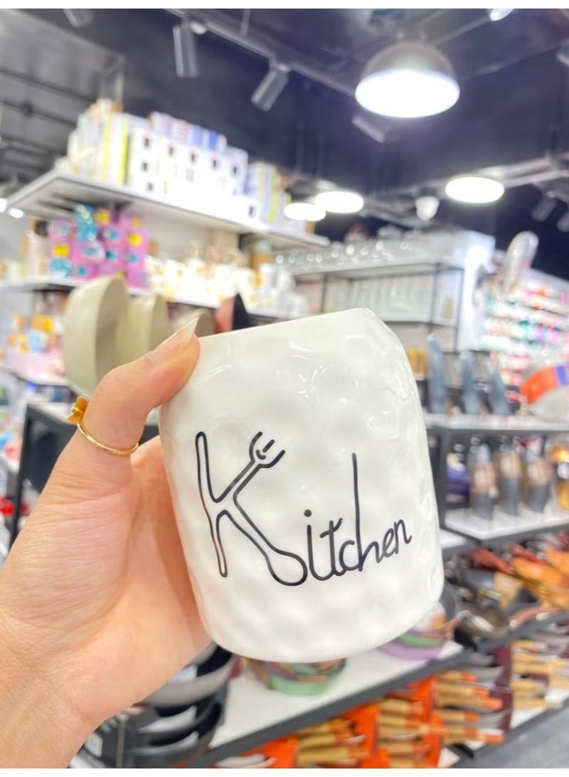 حامل ملاعق وأدوات مطبخ من البورسلين بقاعدة من خشب الخيزران - منظم أنيق وعملي لأدوات الطبخ والملاعق - Image 2