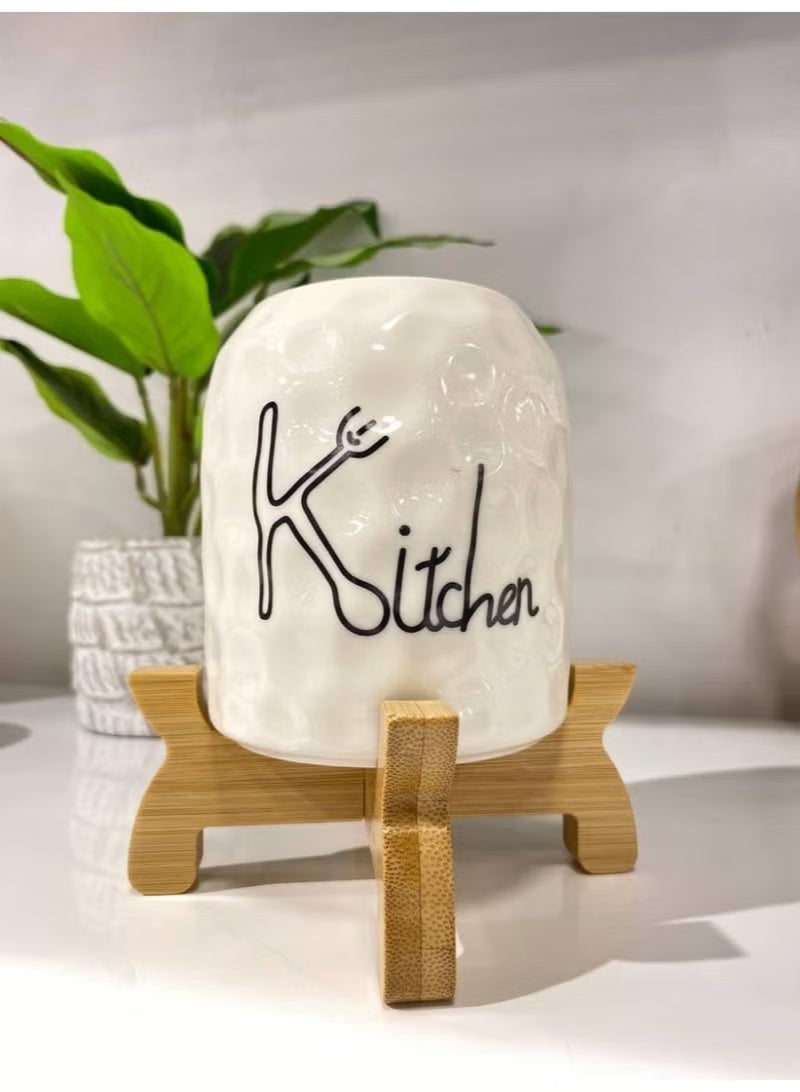 حامل ملاعق وأدوات مطبخ من البورسلين بقاعدة من خشب الخيزران - منظم أنيق وعملي لأدوات الطبخ والملاعق - Image 3