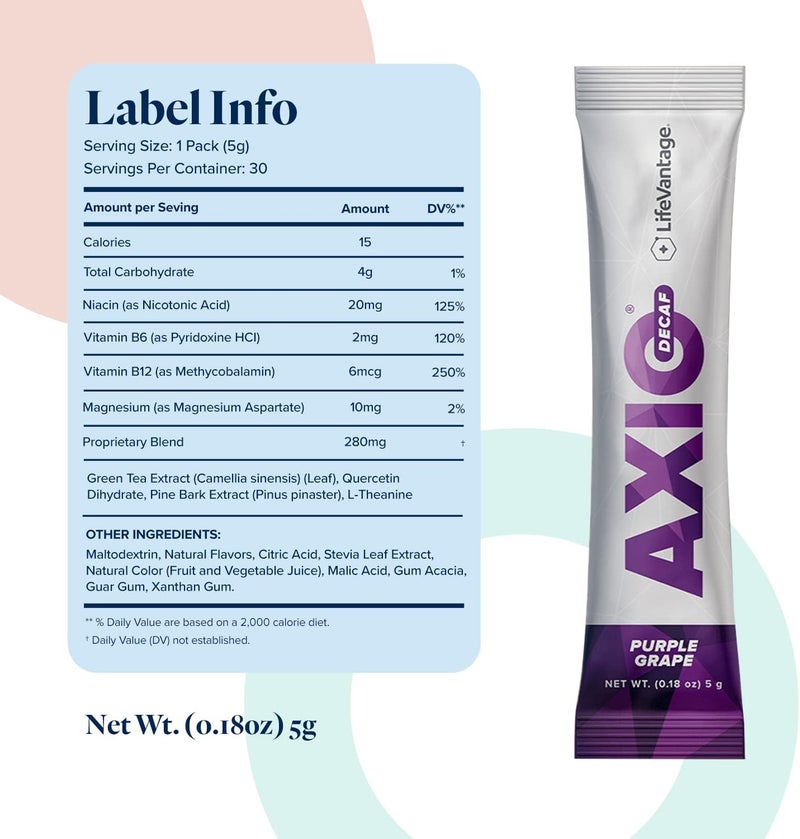 LifeVantage مسحوق مشروب الطاقة العادي AXIO بنكهة العنب الأرجواني 30 عبوة مسحوق طاقة فوري مكمل طاقة في مزيج مشروب مع فيتامينات B DMAE L-Theanine كيرسيتين شاي أخضر مستخلص لحاء الصنوبر - Image 2