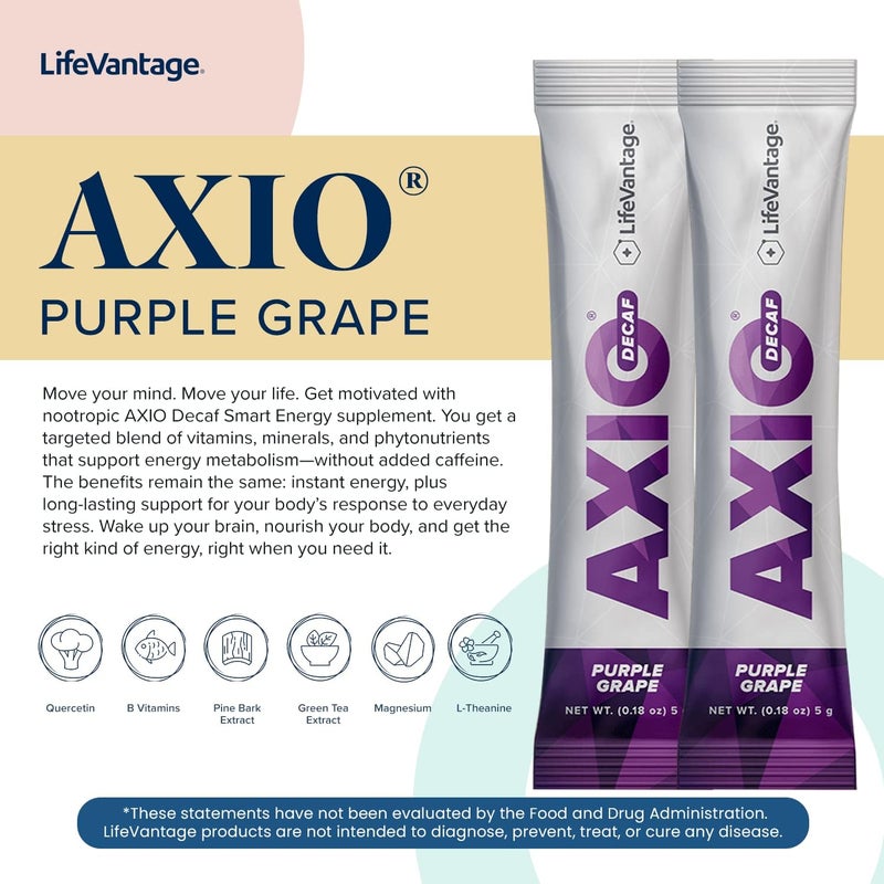 LifeVantage مسحوق مشروب الطاقة العادي AXIO بنكهة العنب الأرجواني 30 عبوة مسحوق طاقة فوري مكمل طاقة في مزيج مشروب مع فيتامينات B DMAE L-Theanine كيرسيتين شاي أخضر مستخلص لحاء الصنوبر - Image 3