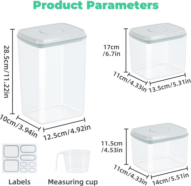 TBMAXS 3 Pack Flour and Sugar Storage Containers with Pop-up Lid, 1.26Qt + 2.11Qt + 3.48Qt Food Storage Container for Rice, Spaghetti, Pasta, Nuts, Snack, Candy, Dog Treat, Kitchen Pantry Organization - Image 3