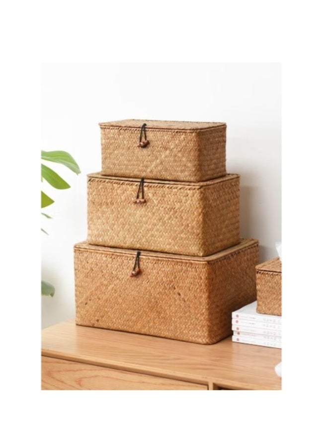 صناديق تخزين من الروطان مع أغطية - مجموعة من 3 سلال أنيقة لتنظيم منزلي فعال - Image 1