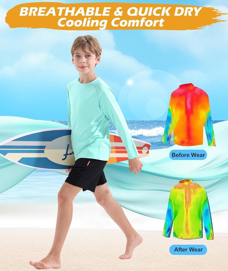 Zoofly قميص سباحة للأولاد UPF 50+ واقي من الطفح الجلدي للأطفال بأكمام قصيرة وطويلة عبوة من 3 قطع قمصان صيد مائية للشباب مع حماية من الشمس والأشعة فوق البنفسجية SPF للأعمار 5-18 سنة - Image 3