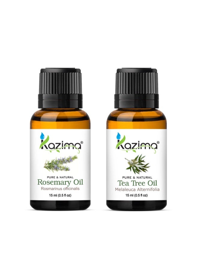 KAZIMA Combo of Rosemary Oil and Tea Tree Oil - 100% Natural Essential Oil for Hair Growth, Healthy Skin, Face Acne, Hair Fall Control & Nourishment, 15 ml each - Image 1