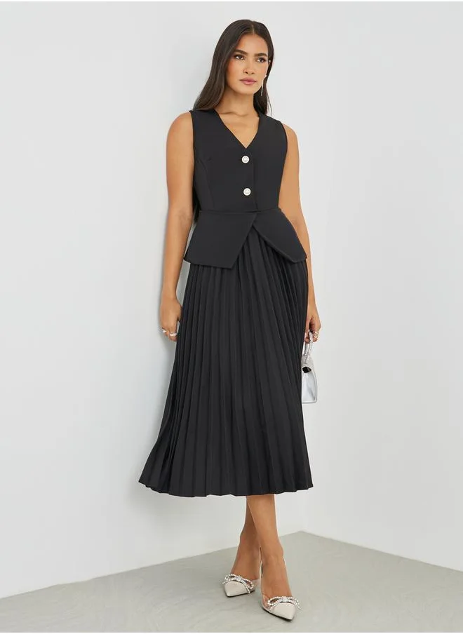 ستايلي Styli Solid Sleeveless Blazer Midi Dress