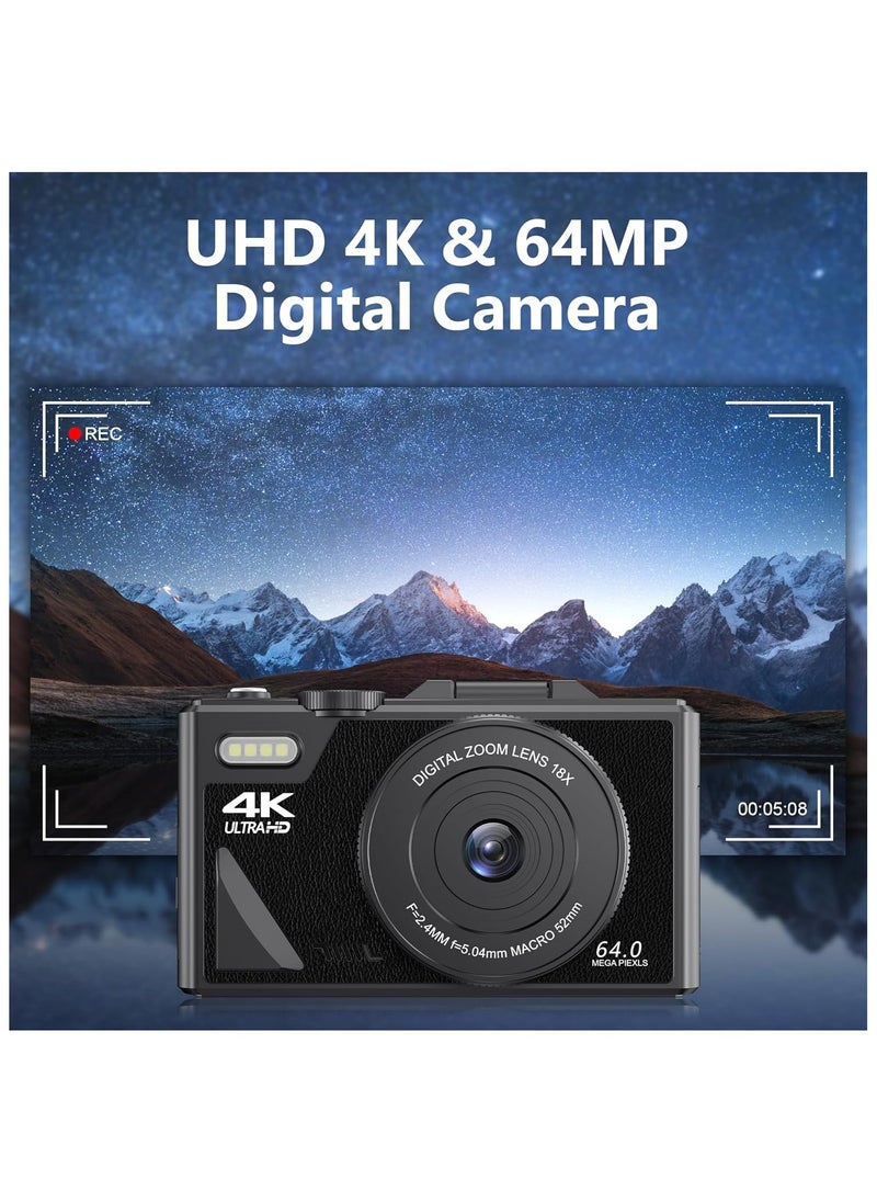 Generic - 64MP Digital Camera, 4K Digital Camera for Photography Video, 4K vlog camera with 64GB micro SD for YouTube with 3-inch flip screen, 18x digital zoom digital camera as a gift, Travel Camera - Image 1