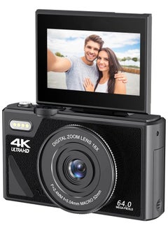 64MP Digital Camera, 4K Digital Camera for Photography Video, 4K vlog camera with 64GB micro SD for YouTube with 3-inch flip screen, 18x digital zoom digital camera as a gift, Travel Camera