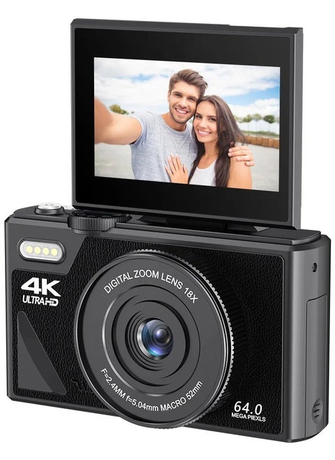64MP Digital Camera, 4K Digital Camera for Photography Video, 4K vlog camera with 64GB micro SD for YouTube with 3-inch flip screen, 18x digital zoom digital camera as a gift, Travel Camera